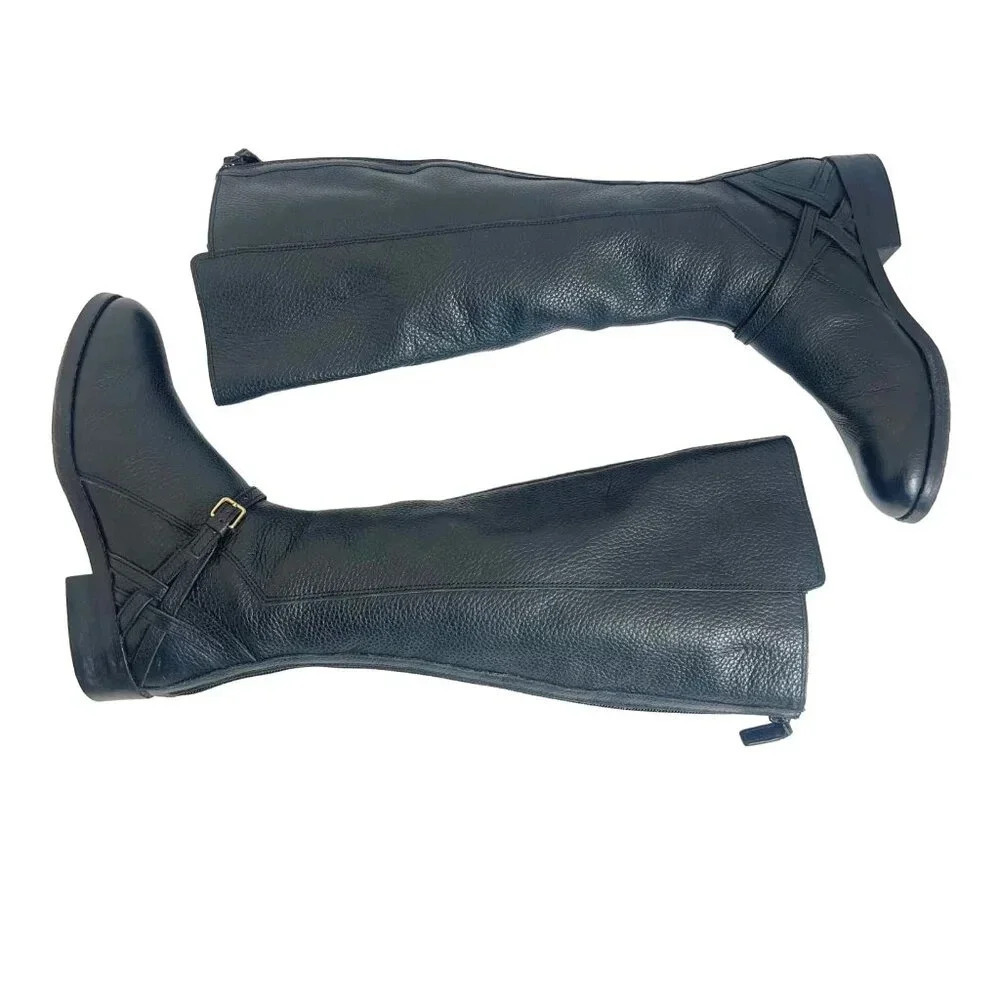 Cole Haan Pearlie Black Pebbled Leather Riding Boot With Buckle Women's Size 5.5